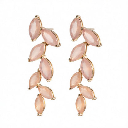 Pink Crystal and 18K Gold-Plated Leaves Drop Earrings, gold drop earrings for women, elegant gift for her, side view