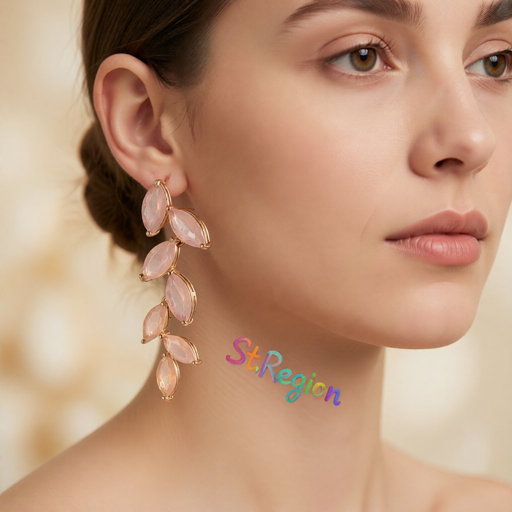 Pink Crystal and 18K Gold-Plated Leaves Drop Earrings, gold drop earrings for women, elegant gift for her, styled look