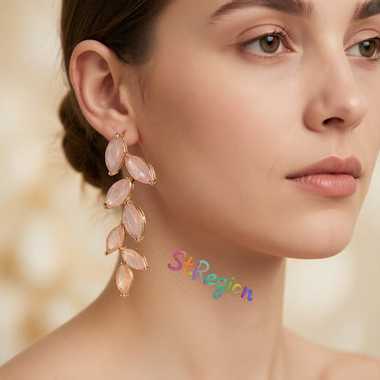 Pink Crystal and 18K Gold-Plated Leaves Drop Earrings, gold drop earrings for women, elegant gift for her, styled look
