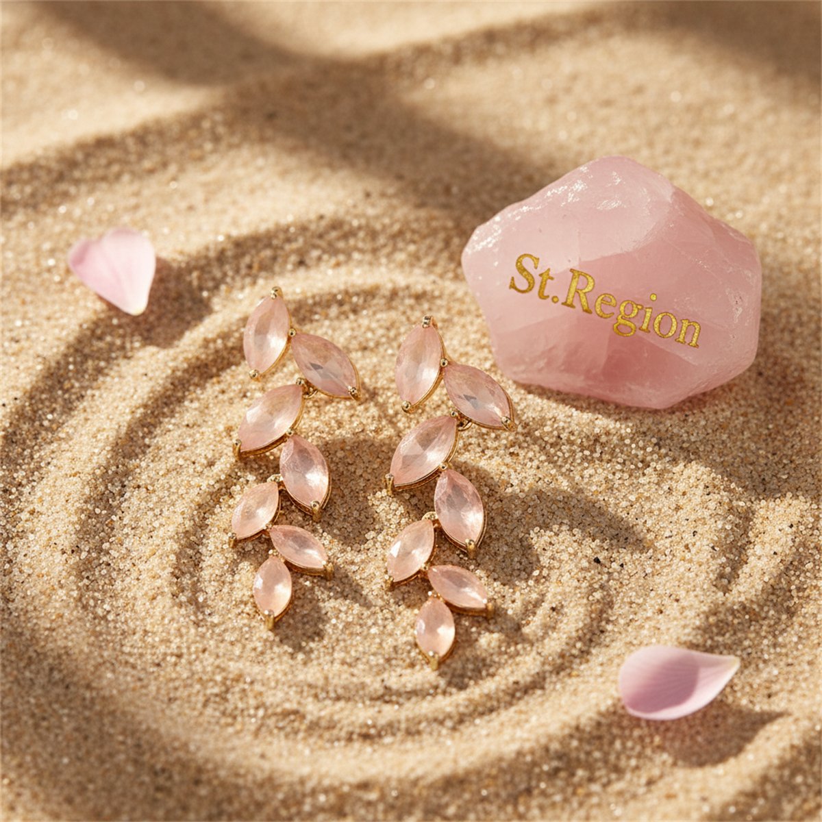 Pink Crystal and 18K Gold-Plated Leaves Drop Earrings, gold drop earrings for women, elegant gift for her, detail close-up