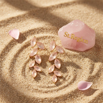 Pink Crystal and 18K Gold-Plated Leaves Drop Earrings, gold drop earrings for women, elegant gift for her, detail close-up