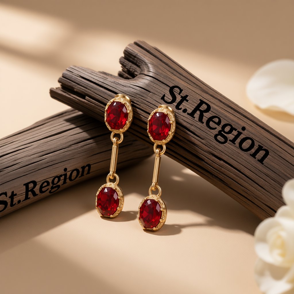 Red Crystal and 18K Gold-Plated Stacked Oval Drop Earrings, gold drop earrings for women, front view