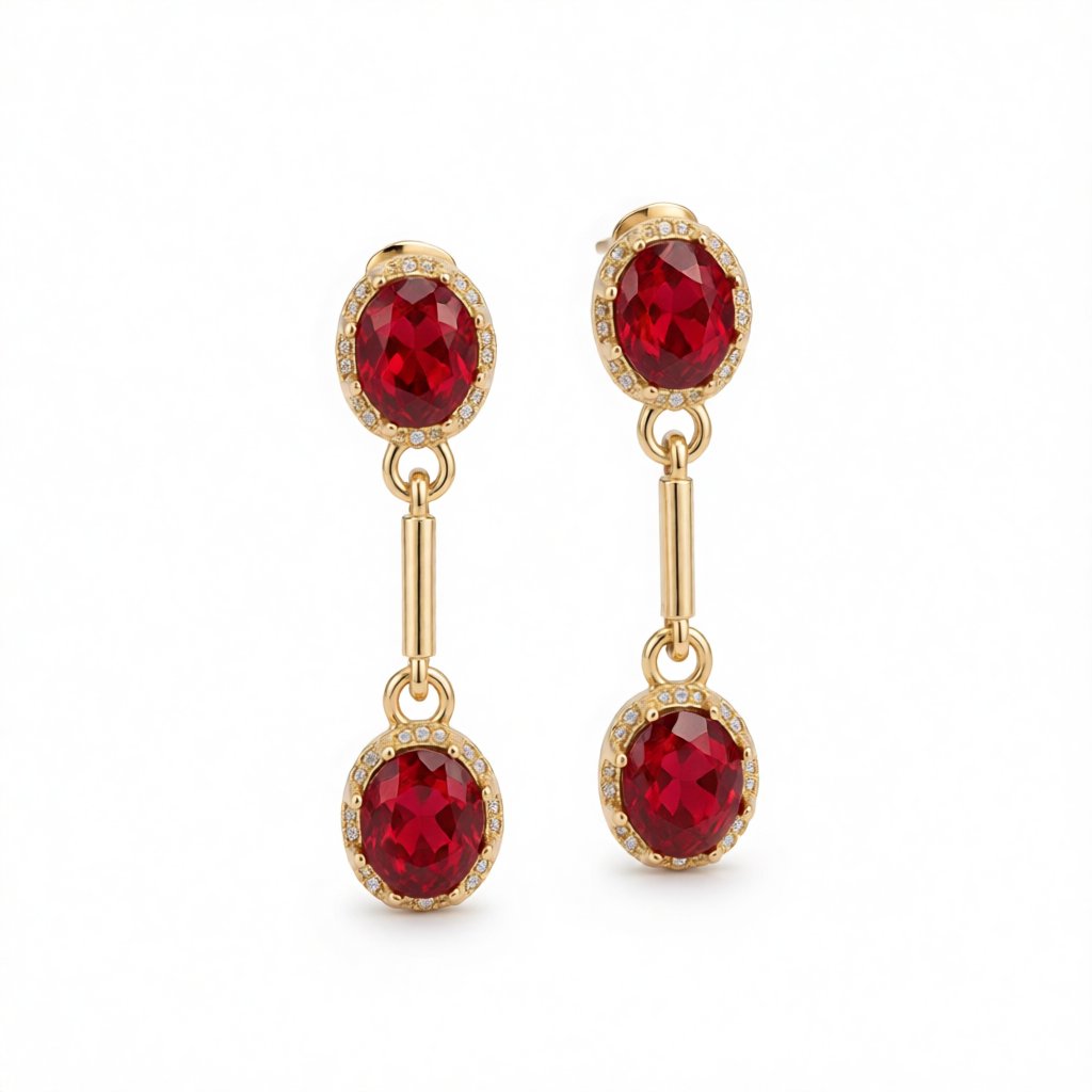 Red Crystal and 18K Gold-Plated Stacked Oval Drop Earrings, gold drop earrings for women, dainty minimalist design, side view