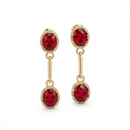 Red Crystal and 18K Gold-Plated Stacked Oval Drop Earrings, gold drop earrings for women, dainty minimalist design, side view