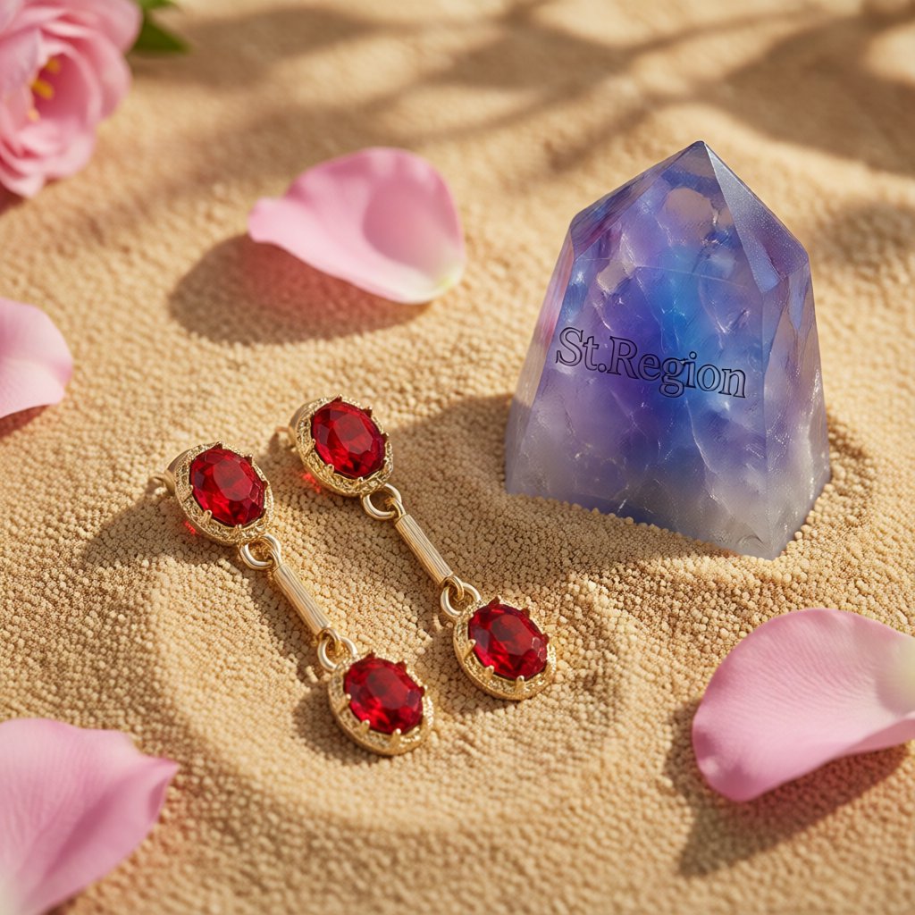 Red Crystal and 18K Gold-Plated Stacked Oval Drop Earrings, gold drop earrings for women, detail close-up