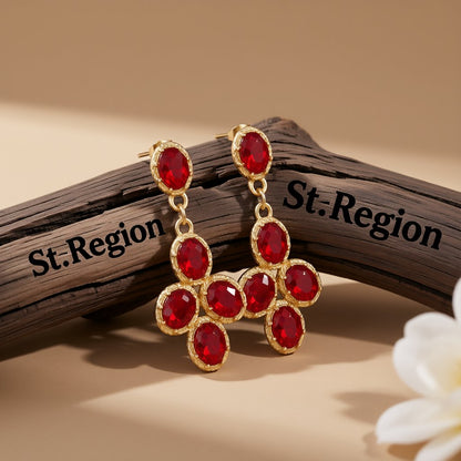 Red Crystal and 18K Gold-Plated Oval-Cut Drop Earrings, gold drop earrings for women, botanical inspired, front view