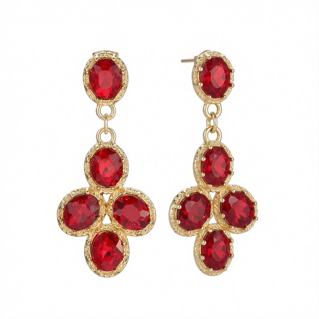 Red Crystal and 18K Gold-Plated Oval-Cut Drop Earrings, gold drop earrings for women, botanical inspired, side view