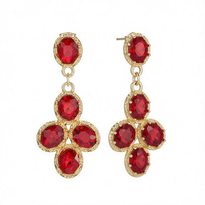 Red Crystal and 18K Gold-Plated Oval-Cut Drop Earrings, gold drop earrings for women, botanical inspired, side view
