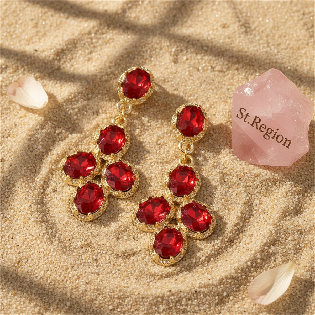 Red Crystal and 18K Gold-Plated Oval-Cut Drop Earrings, gold drop earrings for women, botanical inspired, detail close-up