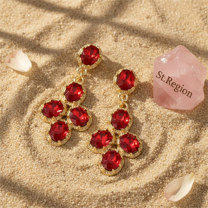 Red Crystal and 18K Gold-Plated Oval-Cut Drop Earrings, gold drop earrings for women, botanical inspired, detail close-up