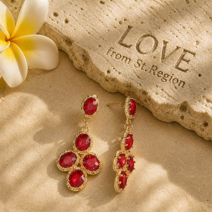 Red Crystal and 18K Gold-Plated Oval-Cut Drop Earrings, gold drop earrings for women, botanical inspired, lifestyle look