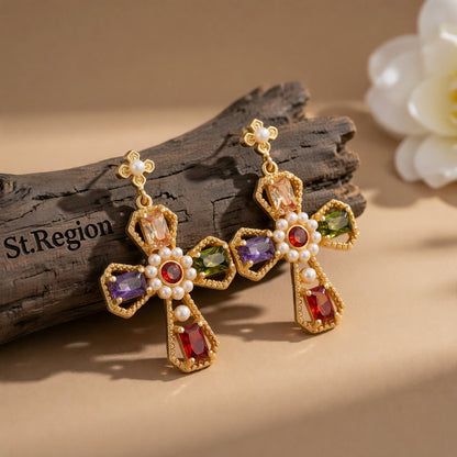 Purple Crystal and Pearl 18k Gold-Plated Cross Drop Earrings, gold drop earrings for women, front view