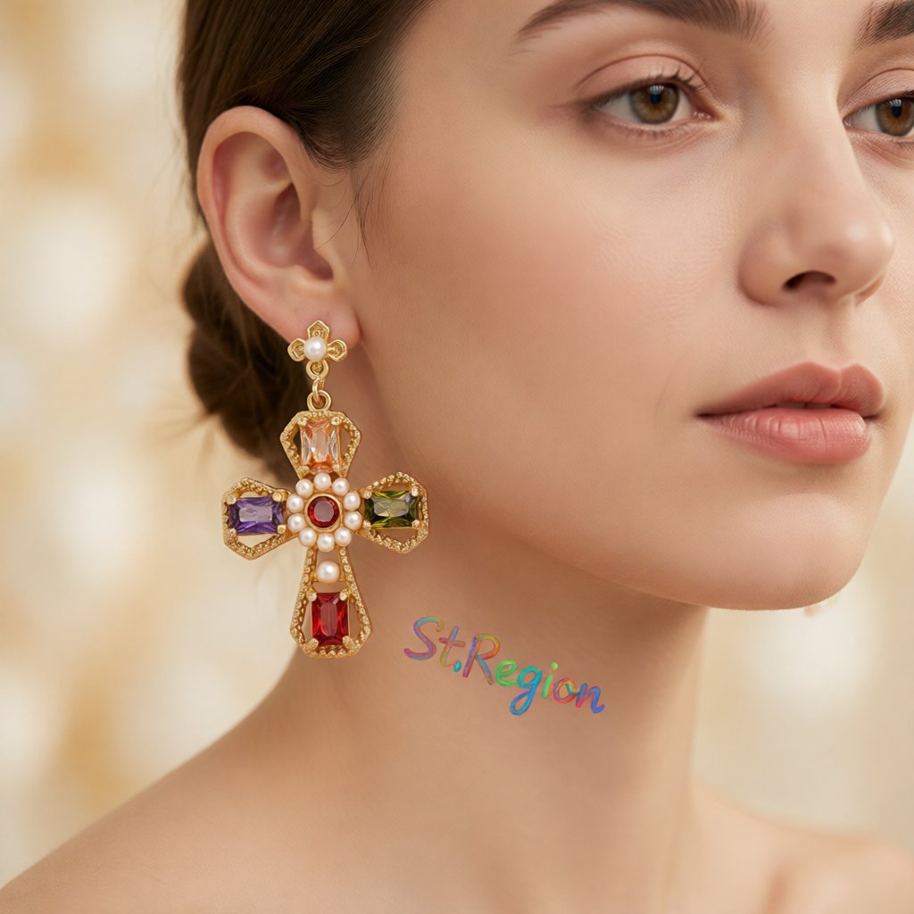 Purple Crystal and Pearl 18k Gold-Plated Cross Drop Earrings, gold drop earrings for women, styled look
