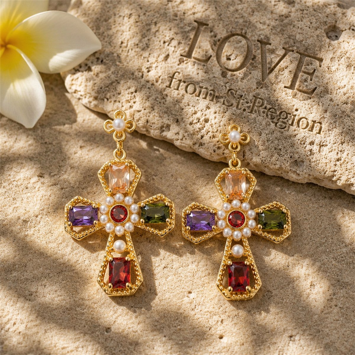 Purple Crystal and Pearl 18k Gold-Plated Cross Drop Earrings, gold drop earrings for women, lifestyle look