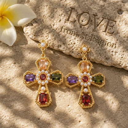 Purple Crystal and Pearl 18k Gold-Plated Cross Drop Earrings, gold drop earrings for women, lifestyle look