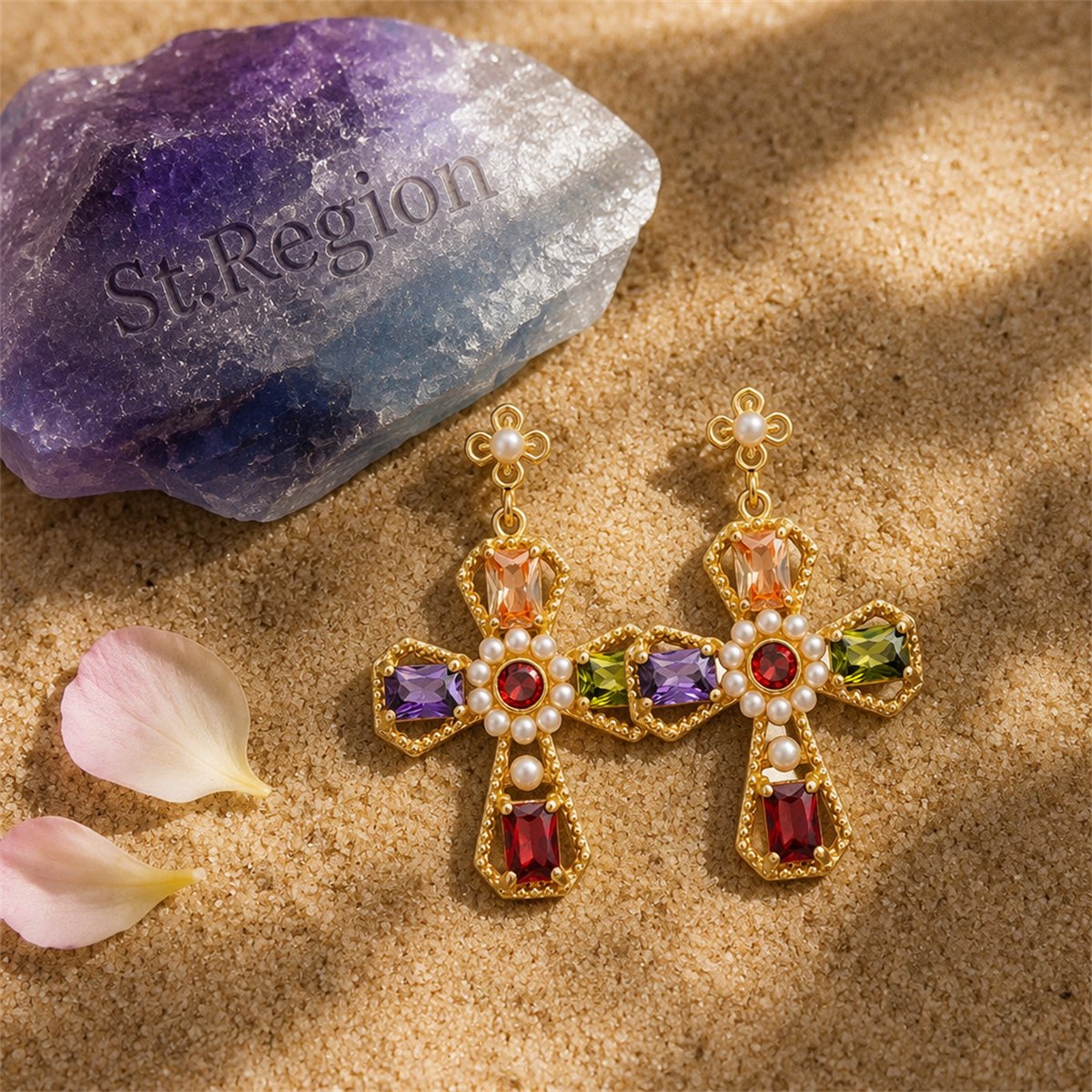 Purple Crystal and Pearl 18k Gold-Plated Cross Drop Earrings, gold drop earrings for women, detail close-up