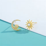 Cubic Zirconia & 18K Gold-Plated Moon & Sun Stud Earrings