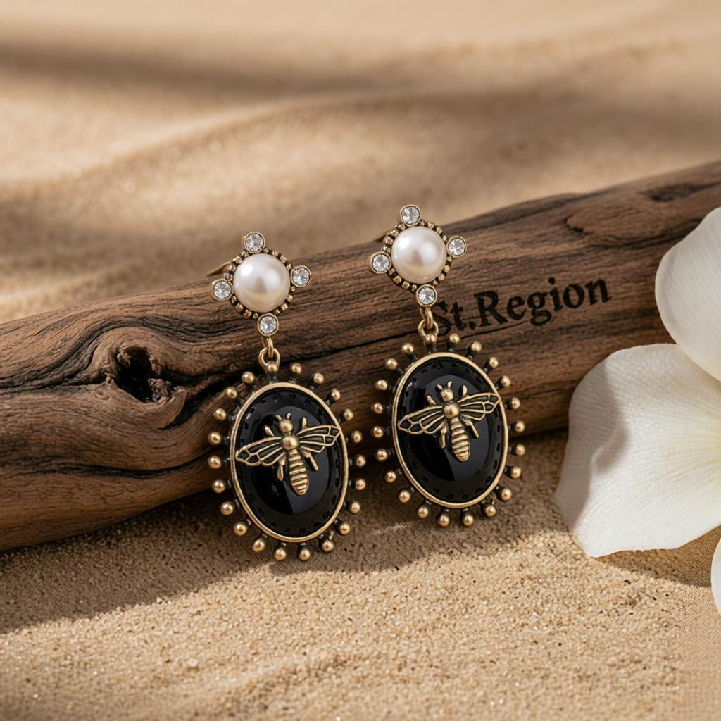 Black Crystal and Pearl 18K Gold-Plated Bee Drop Earrings, gold drop earrings for women, botanical inspired, front view