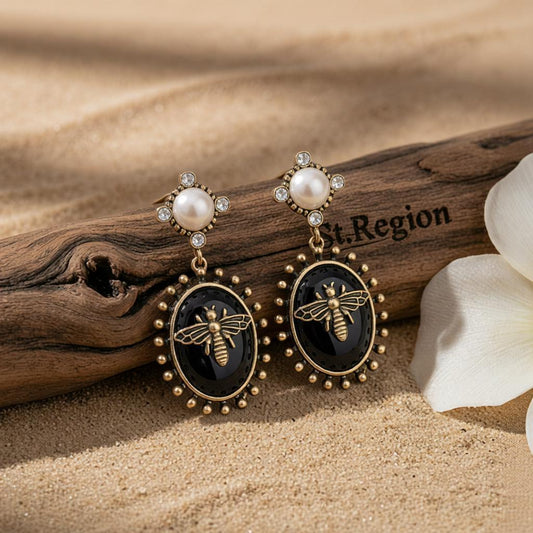 Black Crystal & Pearl 18K Gold-Plated Bee Drop Earrings