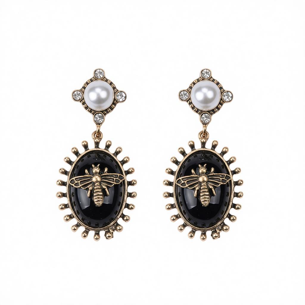 Black Crystal and Pearl 18K Gold-Plated Bee Drop Earrings, gold drop earrings for women, botanical inspired, side view