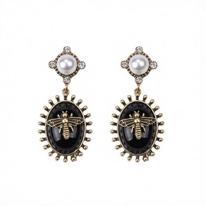 Black Crystal and Pearl 18K Gold-Plated Bee Drop Earrings, gold drop earrings for women, botanical inspired, side view