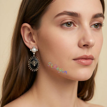 Black Crystal and Pearl 18K Gold-Plated Bee Drop Earrings, gold drop earrings for women, botanical inspired, styled look