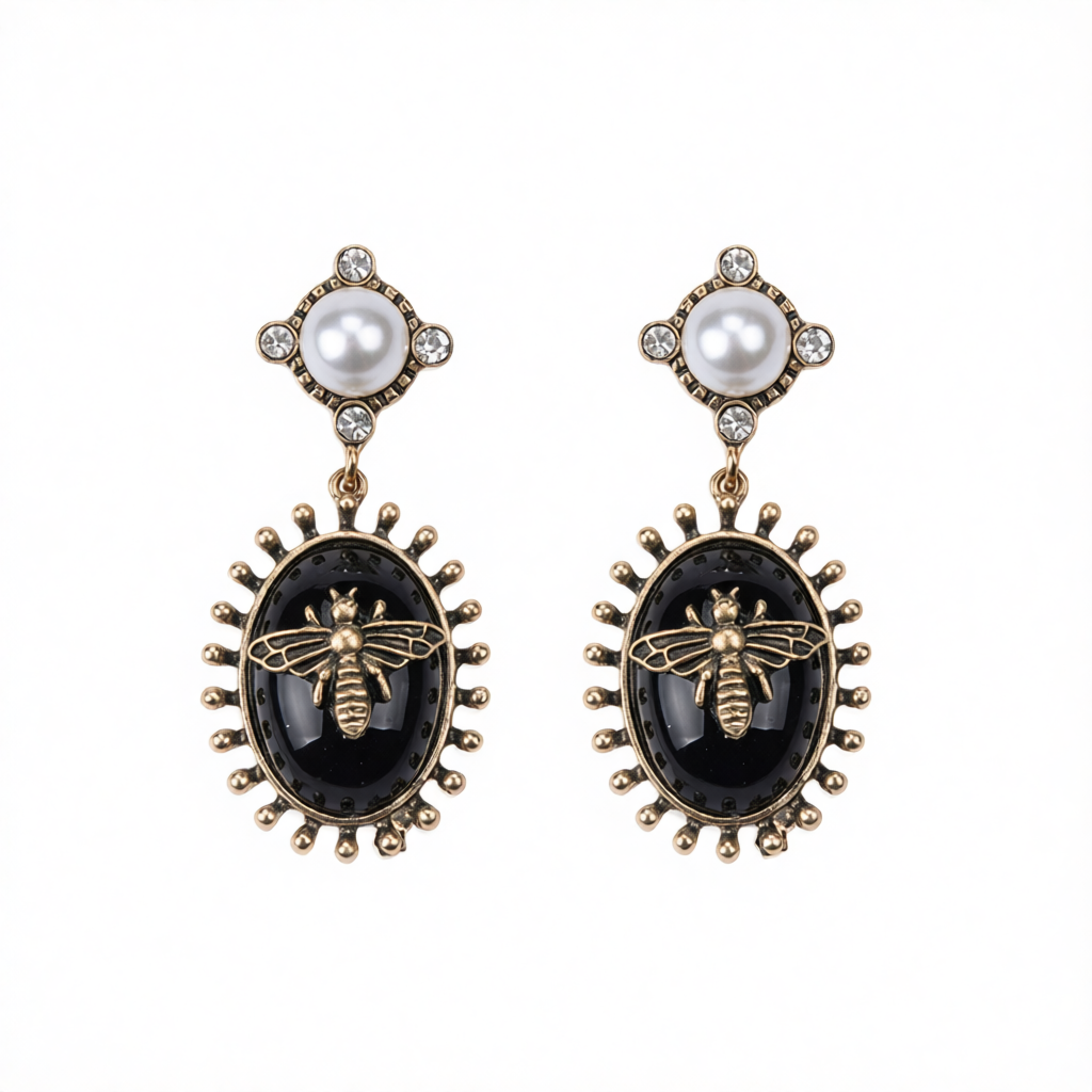 Black Crystal & Pearl 18K Gold-Plated Bee Drop Earrings