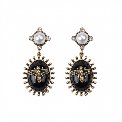 Black Crystal & Pearl 18K Gold-Plated Bee Drop Earrings