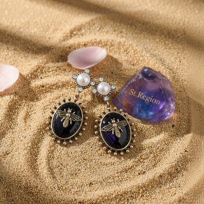 Black Crystal & Pearl 18K Gold-Plated Bee Drop Earrings