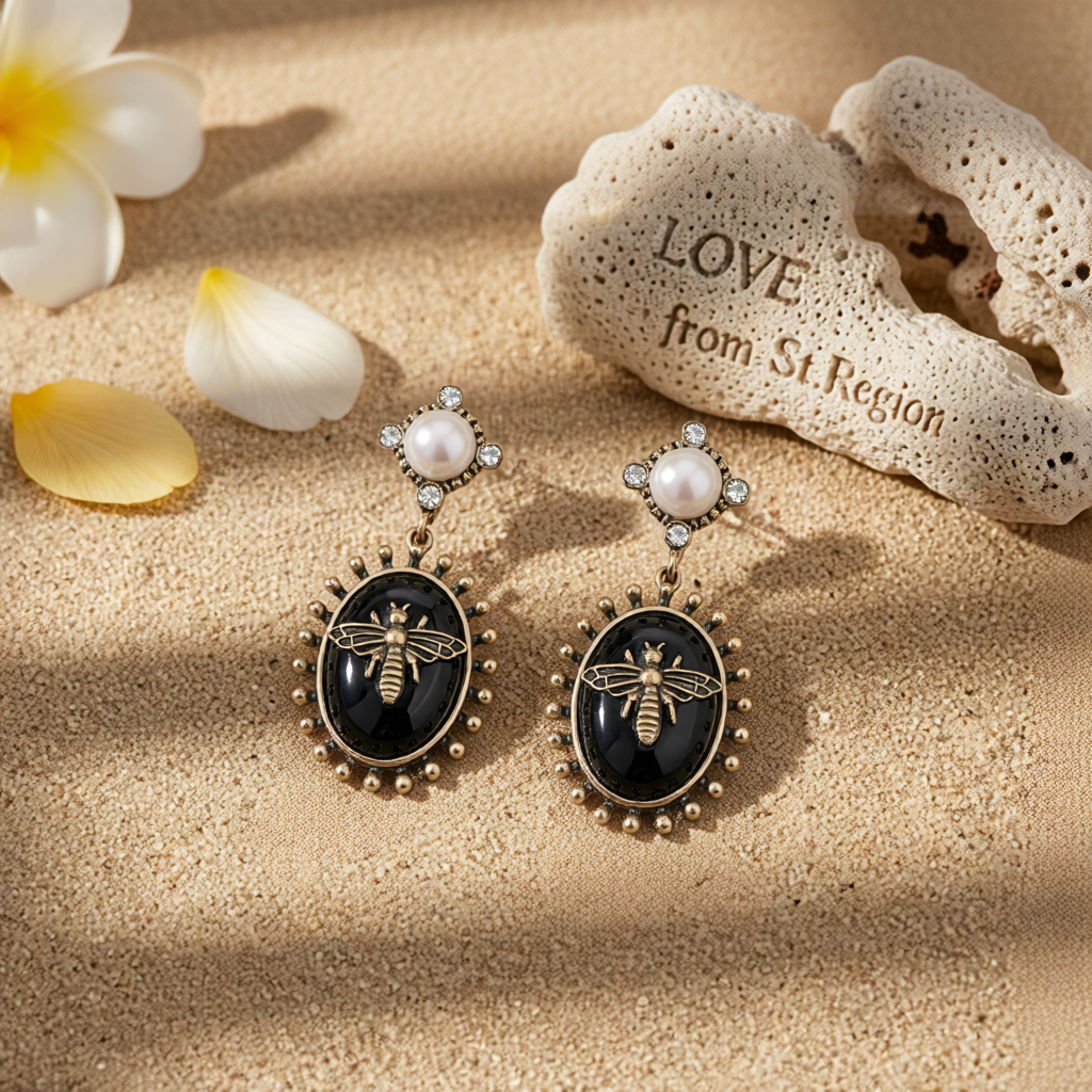 Black Crystal & Pearl 18K Gold-Plated Bee Drop Earrings