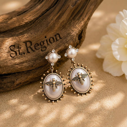 Pearl and Cubic Zirconia Bee Oval Drop Earrings, drop earrings for women, everyday style, front view