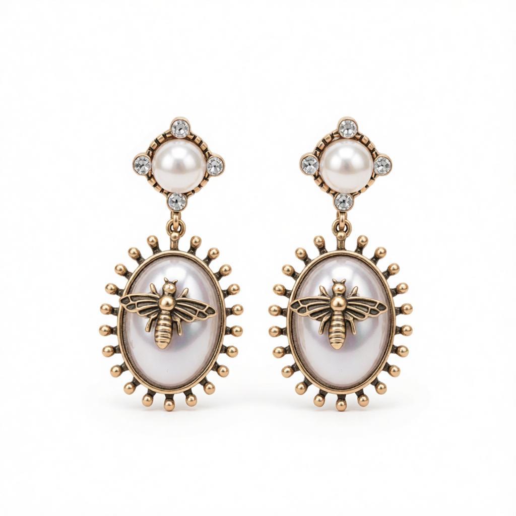 Pearl and Cubic Zirconia Bee Oval Drop Earrings, drop earrings for women, everyday style, side view