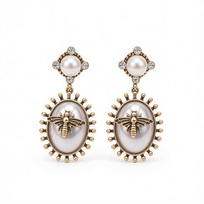 Pearl and Cubic Zirconia Bee Oval Drop Earrings, drop earrings for women, everyday style, side view