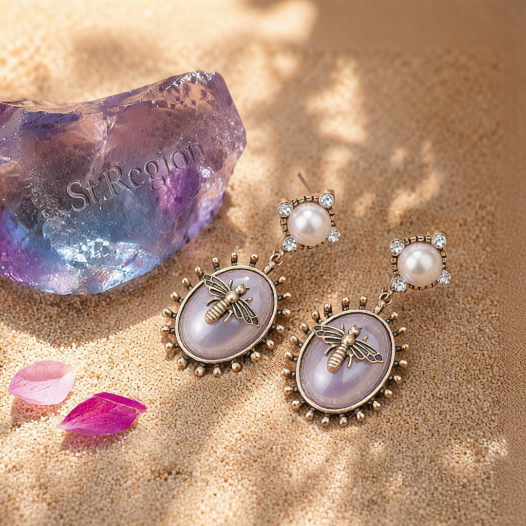 Pearl and Cubic Zirconia Bee Oval Drop Earrings, drop earrings for women, everyday style, detail close-up