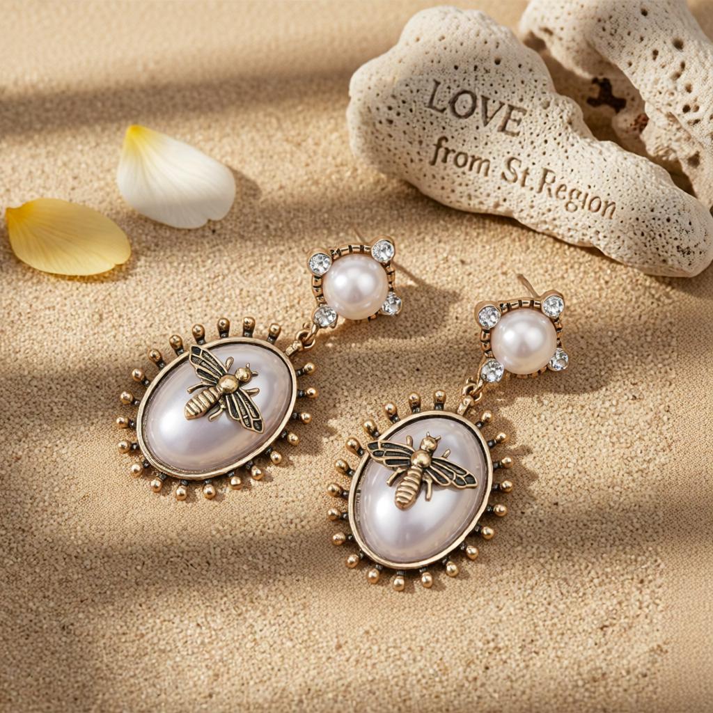 Pearl and Cubic Zirconia Bee Oval Drop Earrings, drop earrings for women, everyday style, lifestyle look
