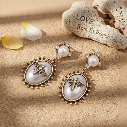 Pearl and Cubic Zirconia Bee Oval Drop Earrings, drop earrings for women, everyday style, lifestyle look