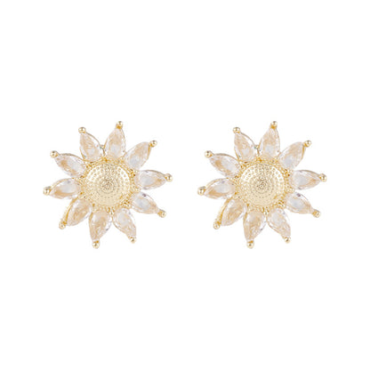 Crystal and 18K Gold-Plated Sunflower Stud Earrings, gold stud earrings for women, everyday style, styled look