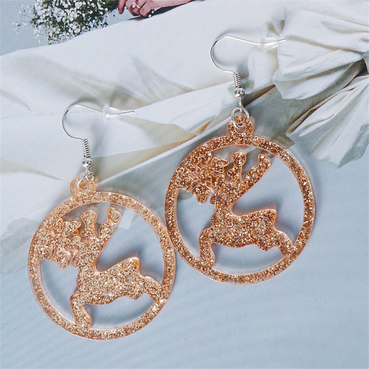 Golden Acrylic and Silver-Plated Glitter Openwork Reindeer Round Drop Earrings, silver drop earrings for women, side view