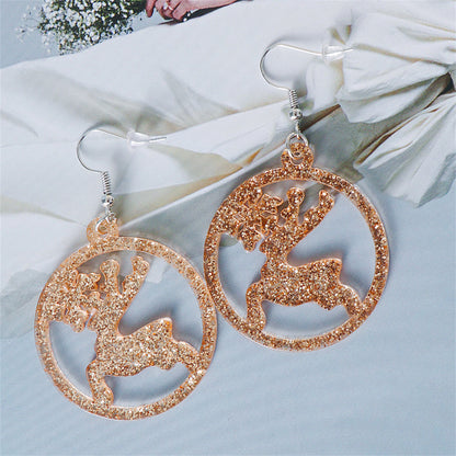 Golden Acrylic and Silver-Plated Glitter Openwork Reindeer Round Drop Earrings, silver drop earrings for women, side view