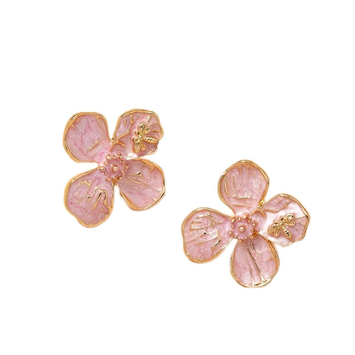 Pink Enamel and 18K Gold-Plated Bee Flower Stud Earrings, gold stud earrings for women, everyday style, front view