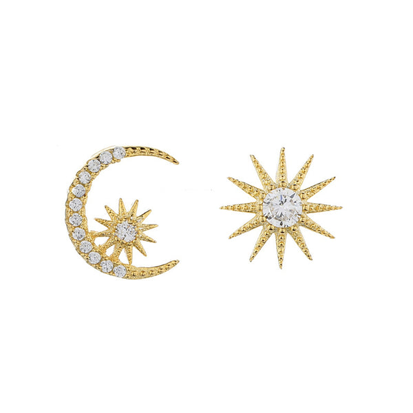 Cubic Zirconia & 18K Gold-Plated Moon & Sun Stud Earrings