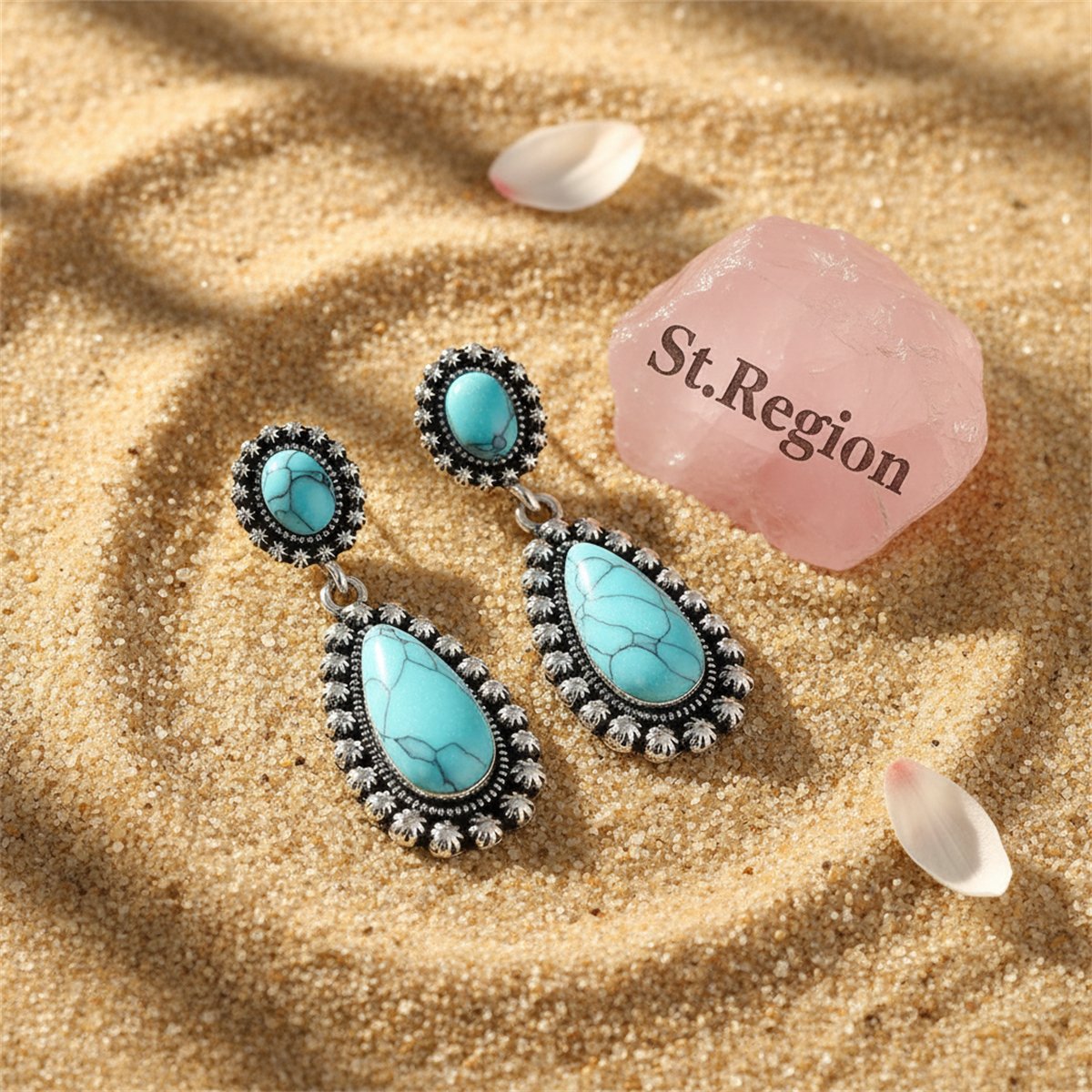 Turquoise and Silver-Plated Drop Earrings, silver drop earrings for women, dainty minimalist design, detail close-up