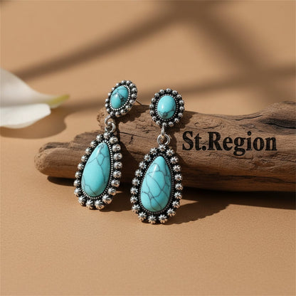 Turquoise and Silver-Plated Drop Earrings, silver drop earrings for women, dainty minimalist design, front view