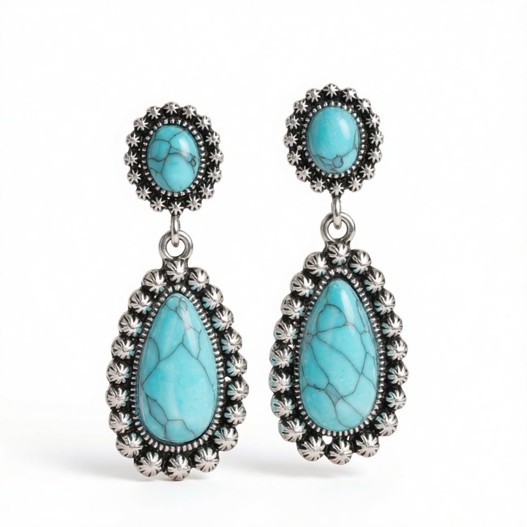 Turquoise and Silver-Plated Drop Earrings, silver drop earrings for women, dainty minimalist design, side view