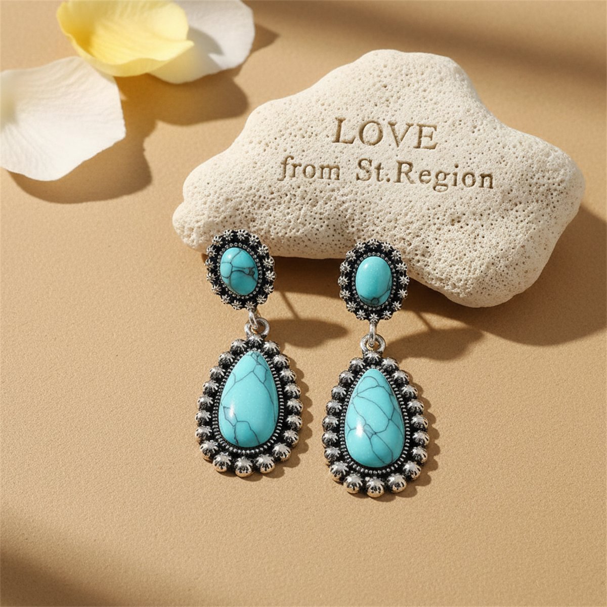 Turquoise and Silver-Plated Drop Earrings, silver drop earrings for women, dainty minimalist design, lifestyle look