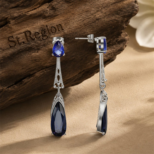 Blue Crystal & Silver-Plated Drop Earrings