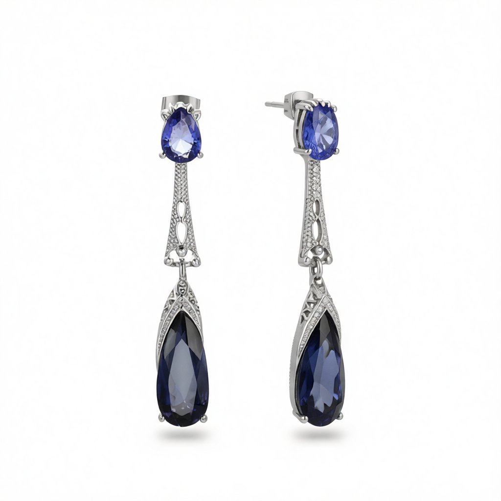 Blue Crystal & Silver-Plated Drop Earrings