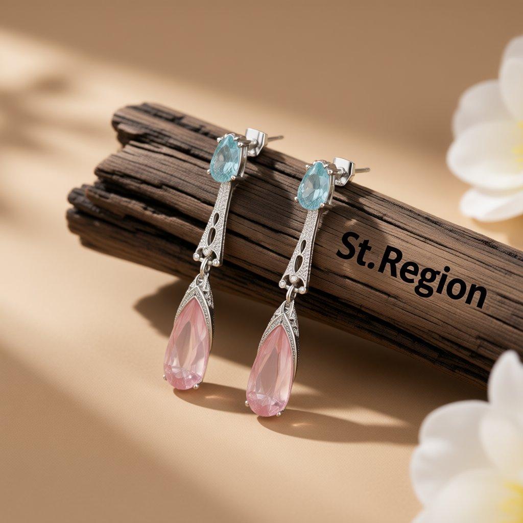 Pink and Silver-Plated Pear-Cut Drop Earrings, silver drop earrings for women, everyday style, front view