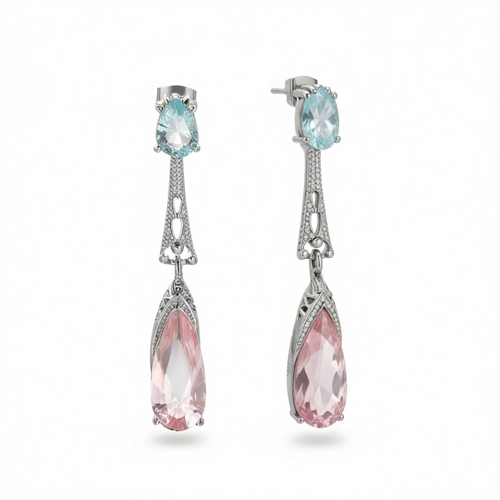 Pink and Silver-Plated Pear-Cut Drop Earrings, silver drop earrings for women, everyday style, side view