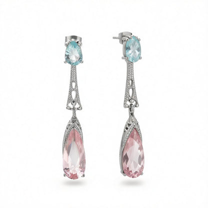 Pink and Silver-Plated Pear-Cut Drop Earrings, silver drop earrings for women, everyday style, side view